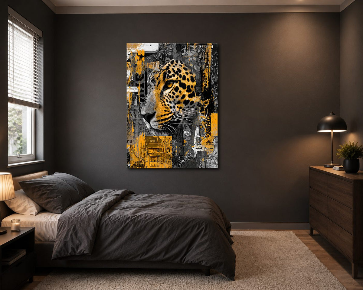 Leopard Collage in Gold and Gray canvas wall art, unframed canvas