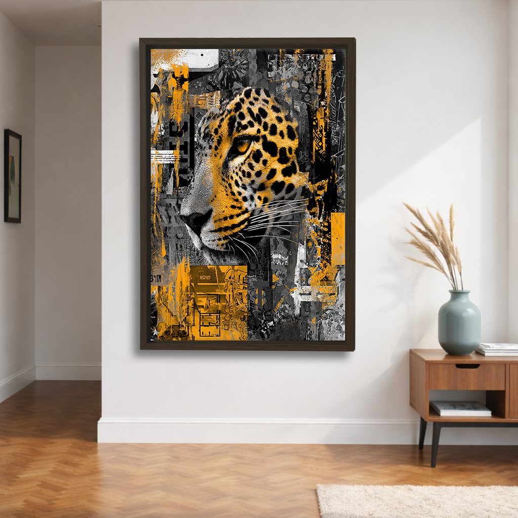 Leopard Collage in Gold and Gray canvas wall art, walnut floating frame