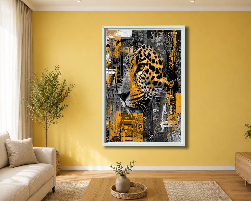 Leopard Collage in Gold and Gray canvas wall art, white floating frame