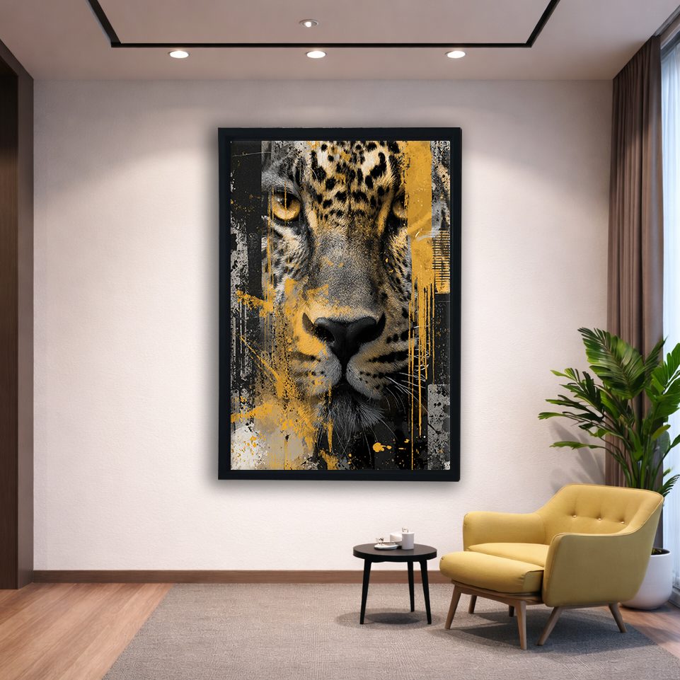 Leopard Face Mixed Media Collage canvas wall art, black floating frame