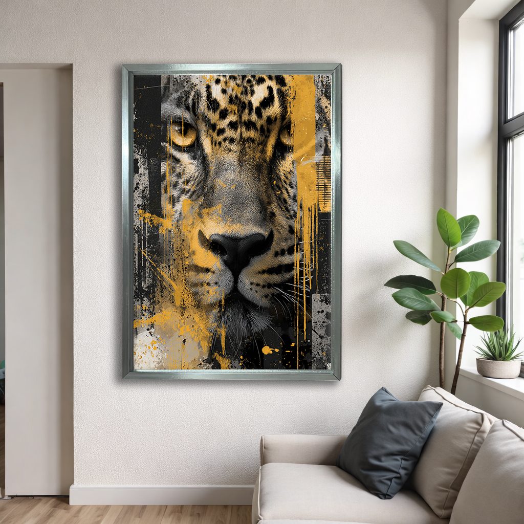 Leopard Face Mixed Media Collage canvas wall art, silver floating frame