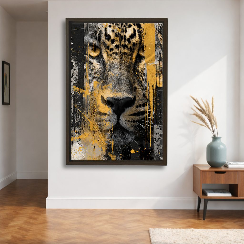 Leopard Face Mixed Media Collage canvas wall art, walnut floating frame