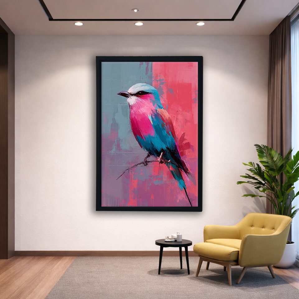 Lilac-Breasted Roller Bird on Pink canvas wall art, black floating frame