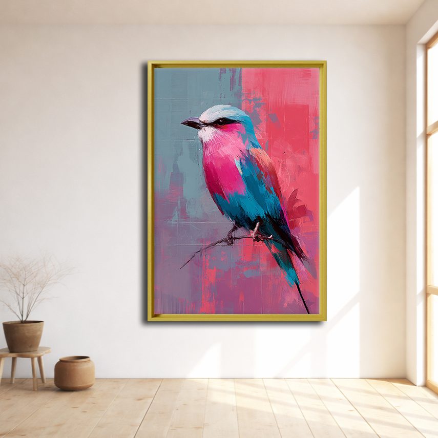 Lilac-Breasted Roller Bird on Pink canvas wall art, natural wood floating frame
