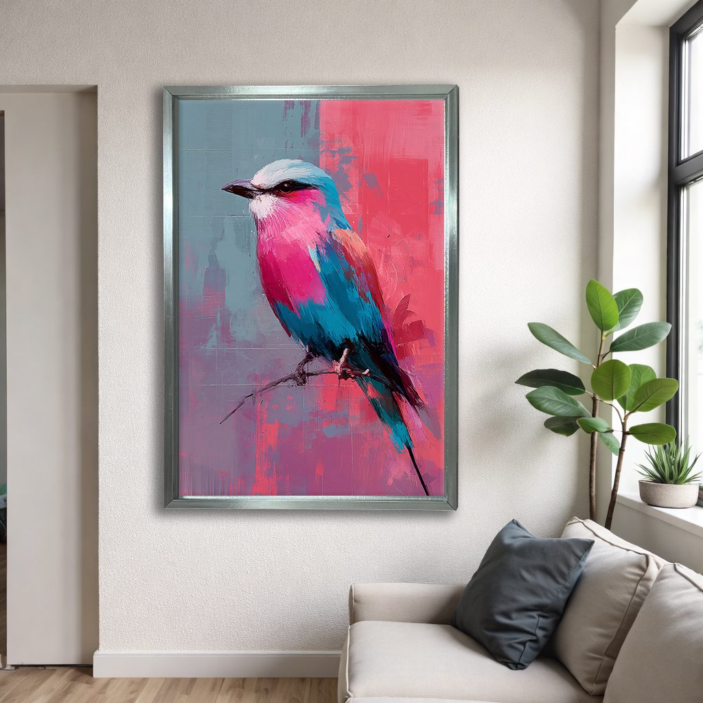 Lilac-Breasted Roller Bird on Pink canvas wall art, silver floating frame
