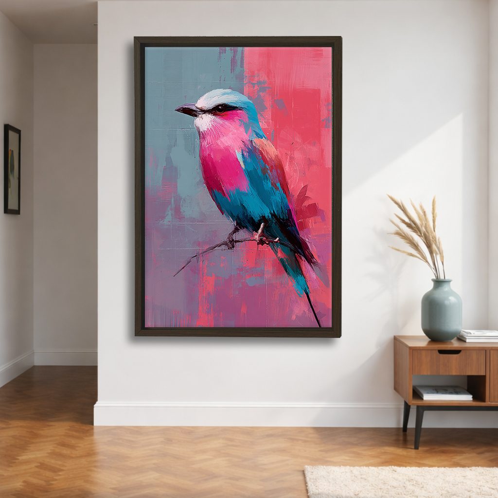 Lilac-Breasted Roller Bird on Pink canvas wall art, walnut floating frame