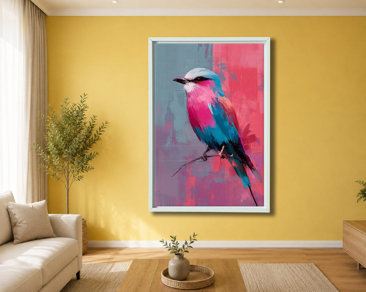 Lilac-Breasted Roller Bird on Pink canvas wall art, white floating frame