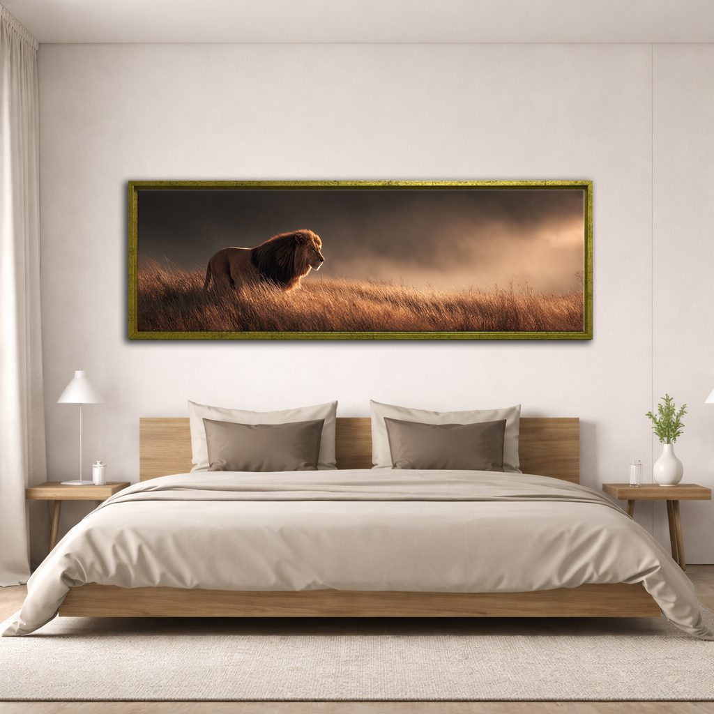 Lion in Golden Grass canvas wall art, antique gold floating frame