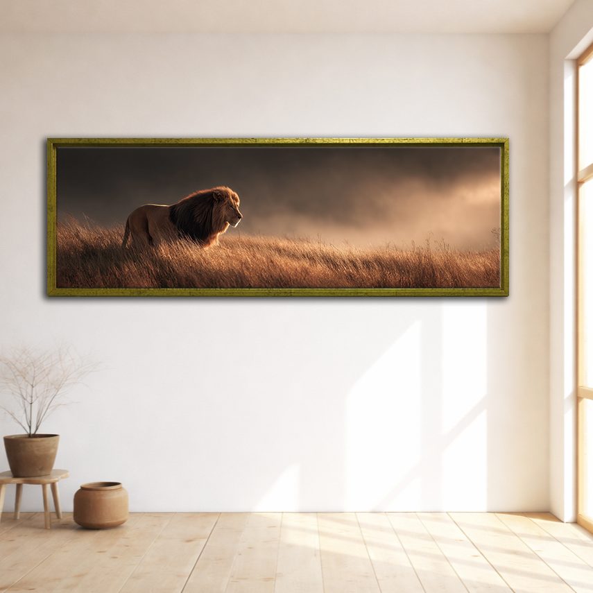 Lion in Golden Grass canvas wall art, gold floating frame