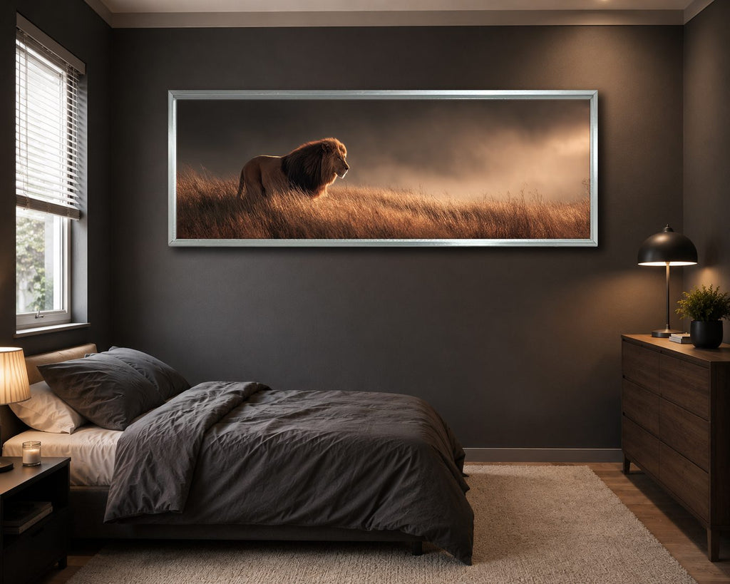 Lion in Golden Grass canvas wall art, silver floating frame
