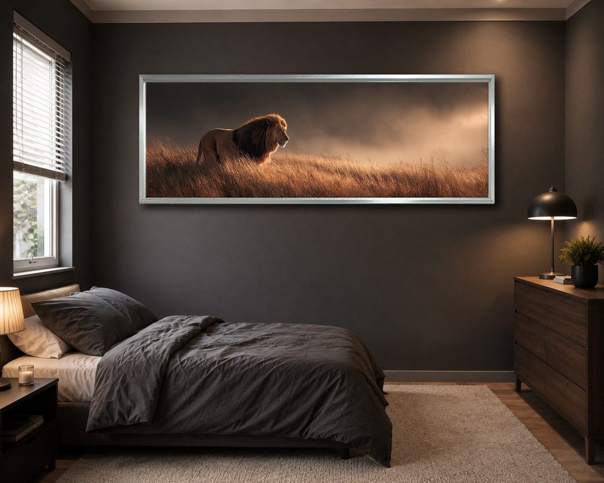 Lion in Golden Grass canvas wall art, silver floating frame