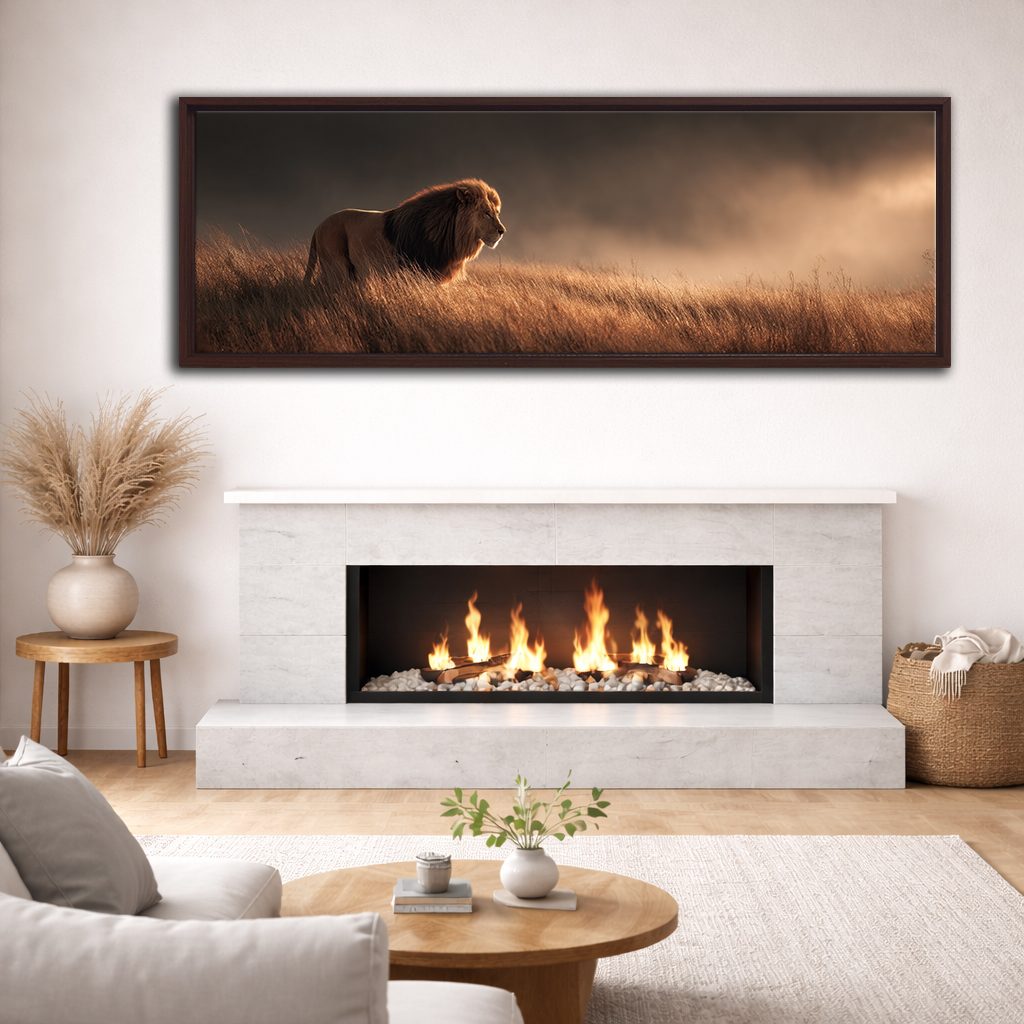 Lion in Golden Grass canvas wall art, walnut floating frame