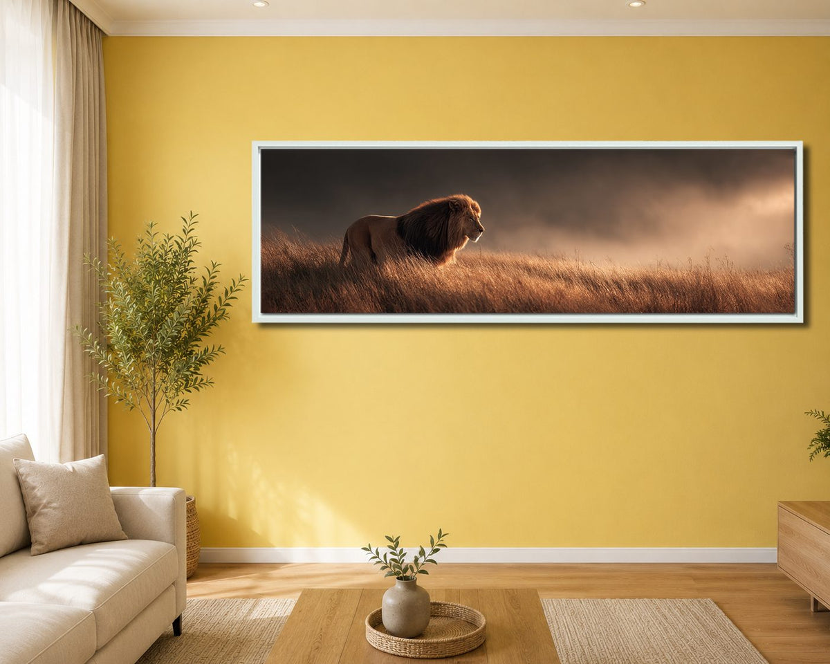 Lion in Golden Grass canvas wall art, white floating frame