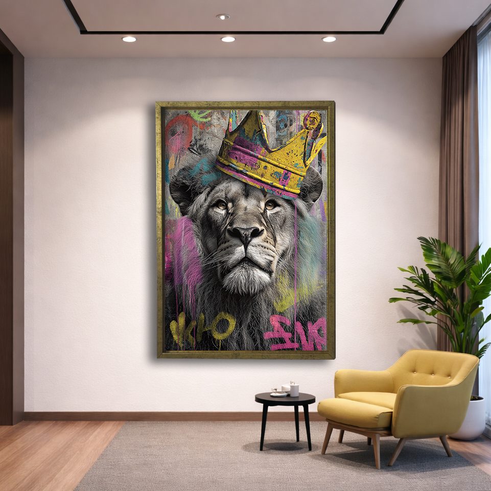 Lion King with Gold Crown Graffiti canvas wall art, gold floating frame