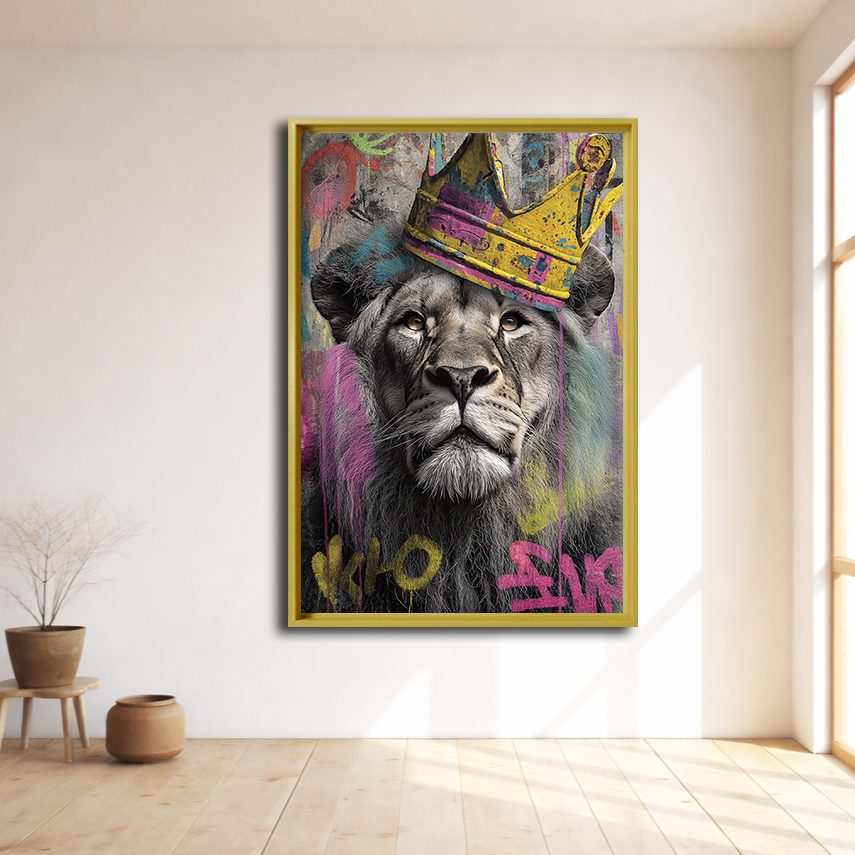 Lion King with Gold Crown Graffiti canvas wall art, natural wood floating frame