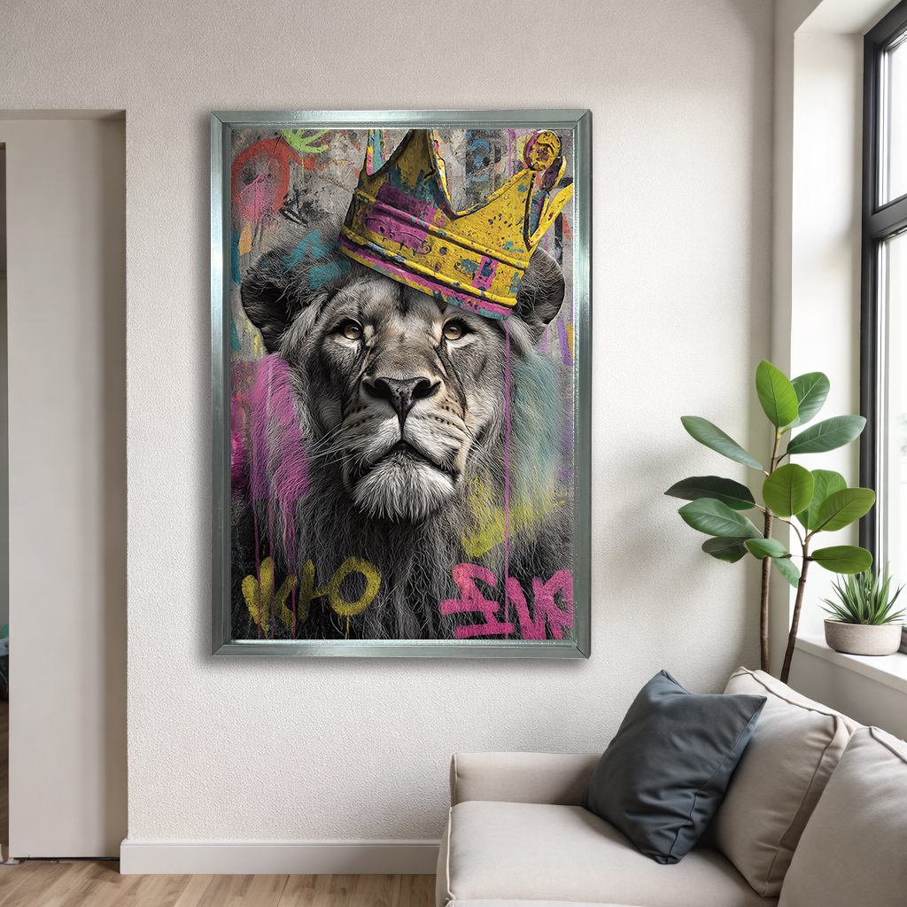 Lion King with Gold Crown Graffiti canvas wall art, silver floating frame