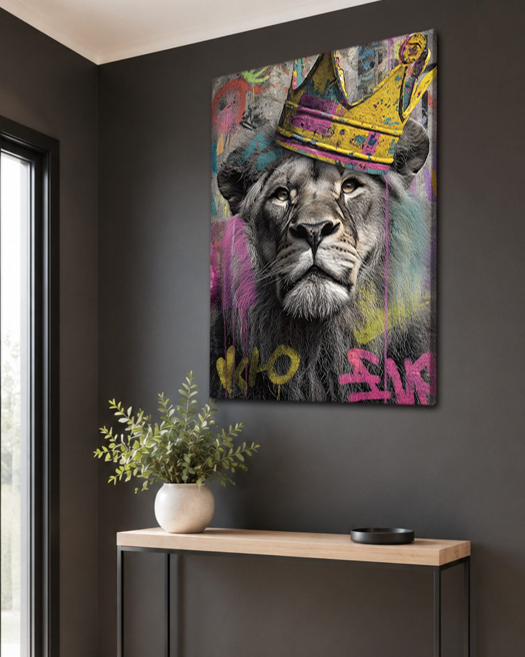 Lion King with Gold Crown Graffiti canvas wall art, unframed canvas