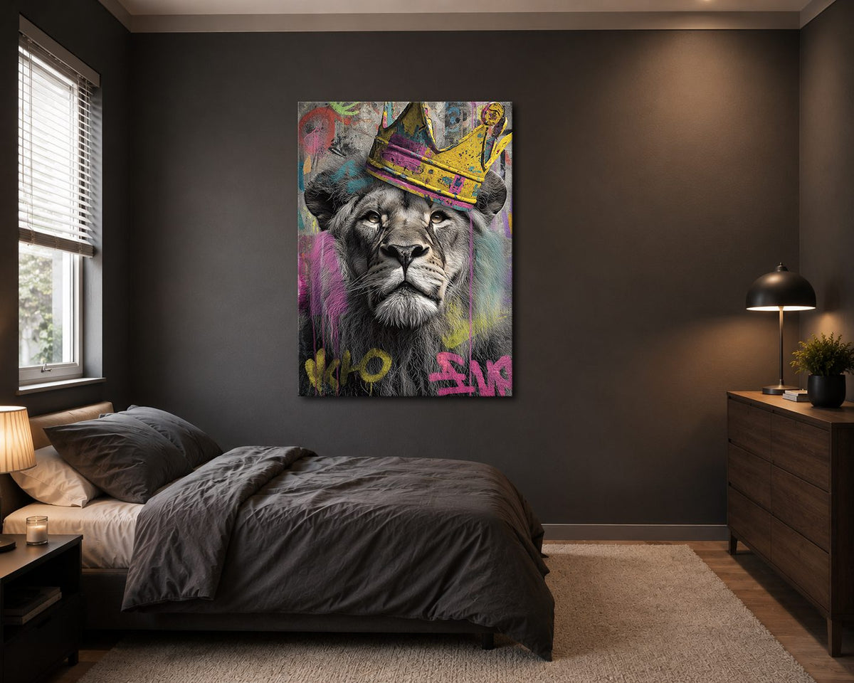 Lion King with Gold Crown Graffiti canvas wall art, unframed canvas