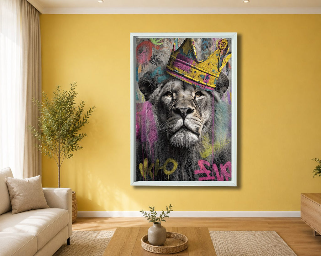Lion King with Gold Crown Graffiti canvas wall art, white floating frame