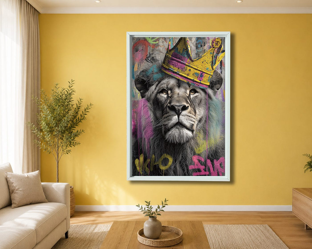 Lion King with Gold Crown Graffiti canvas wall art, white floating frame