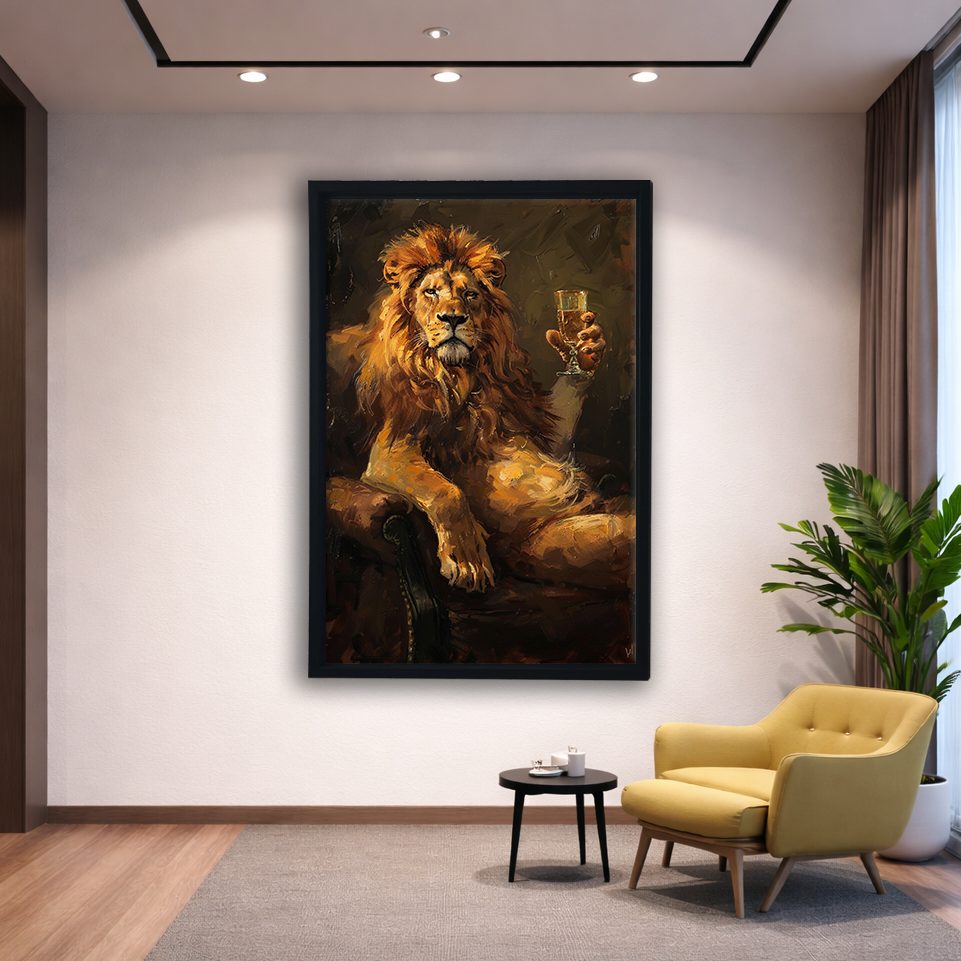 Lion with Champagne Glass canvas wall art, black floating frame
