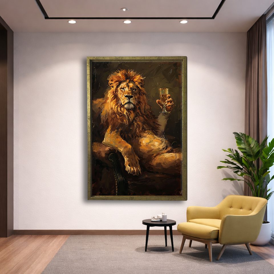 Lion with Champagne Glass canvas wall art, gold floating frame