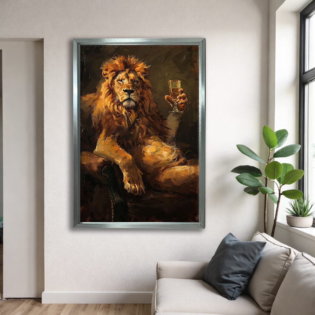 Lion with Champagne Glass canvas wall art, silver floating frame