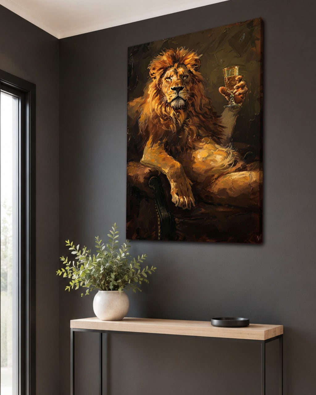 Lion with Champagne Glass canvas wall art, unframed canvas