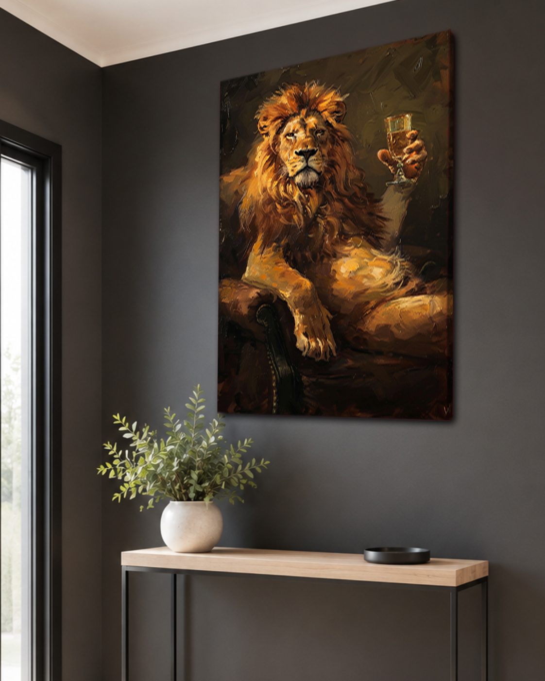 Lion with Champagne Glass canvas wall art, unframed canvas