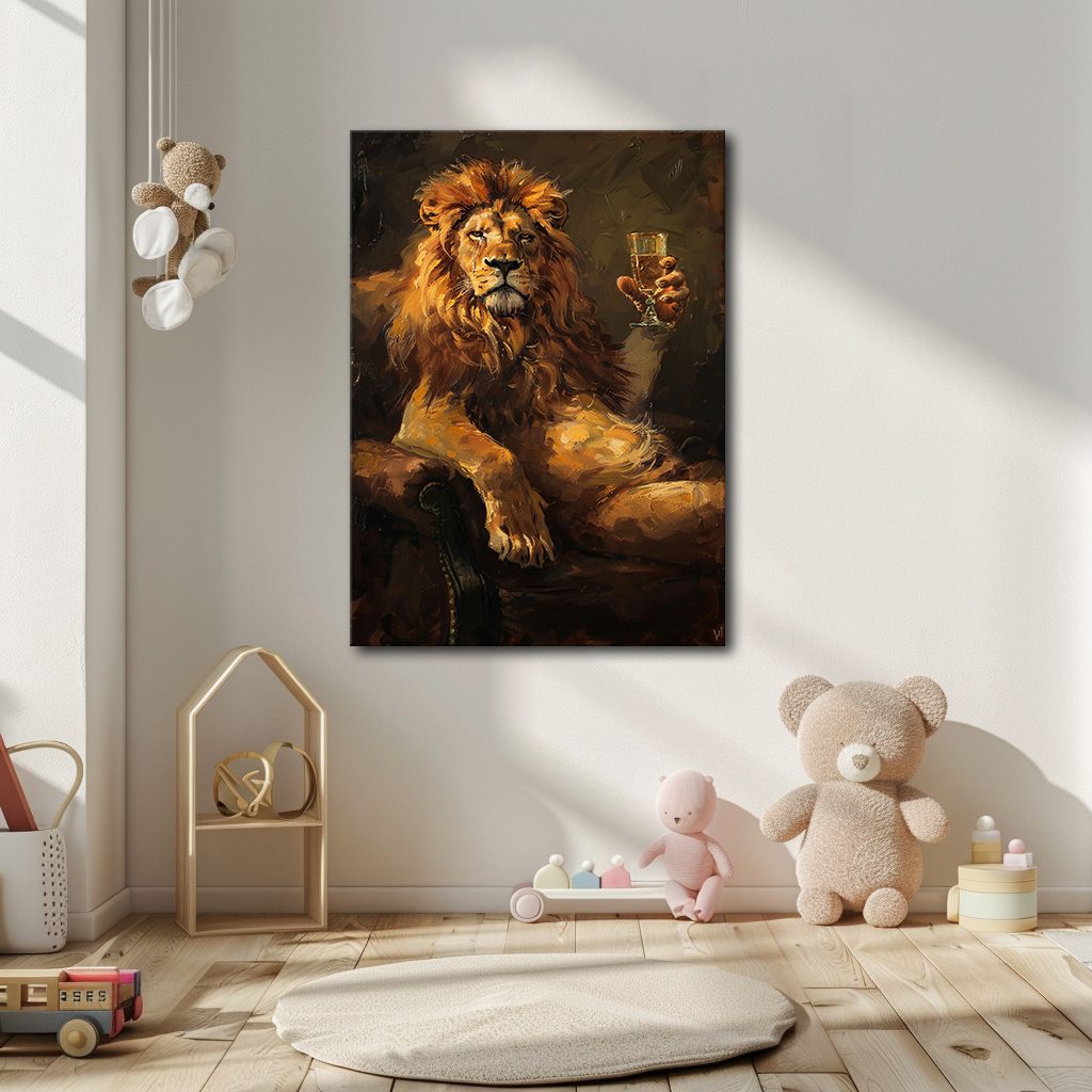 Lion with Champagne Glass canvas wall art, unframed canvas