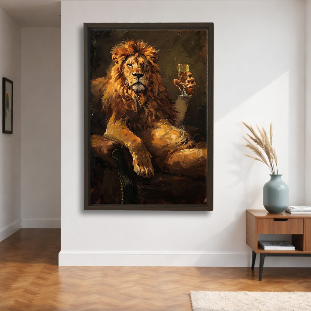 Lion with Champagne Glass canvas wall art, walnut floating frame