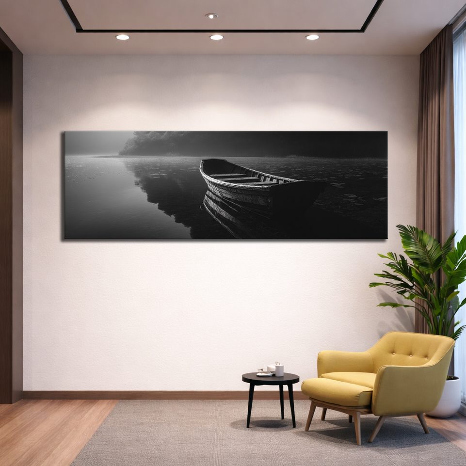 Lone Boat on Dark Lake canvas wall art, unframed canvas