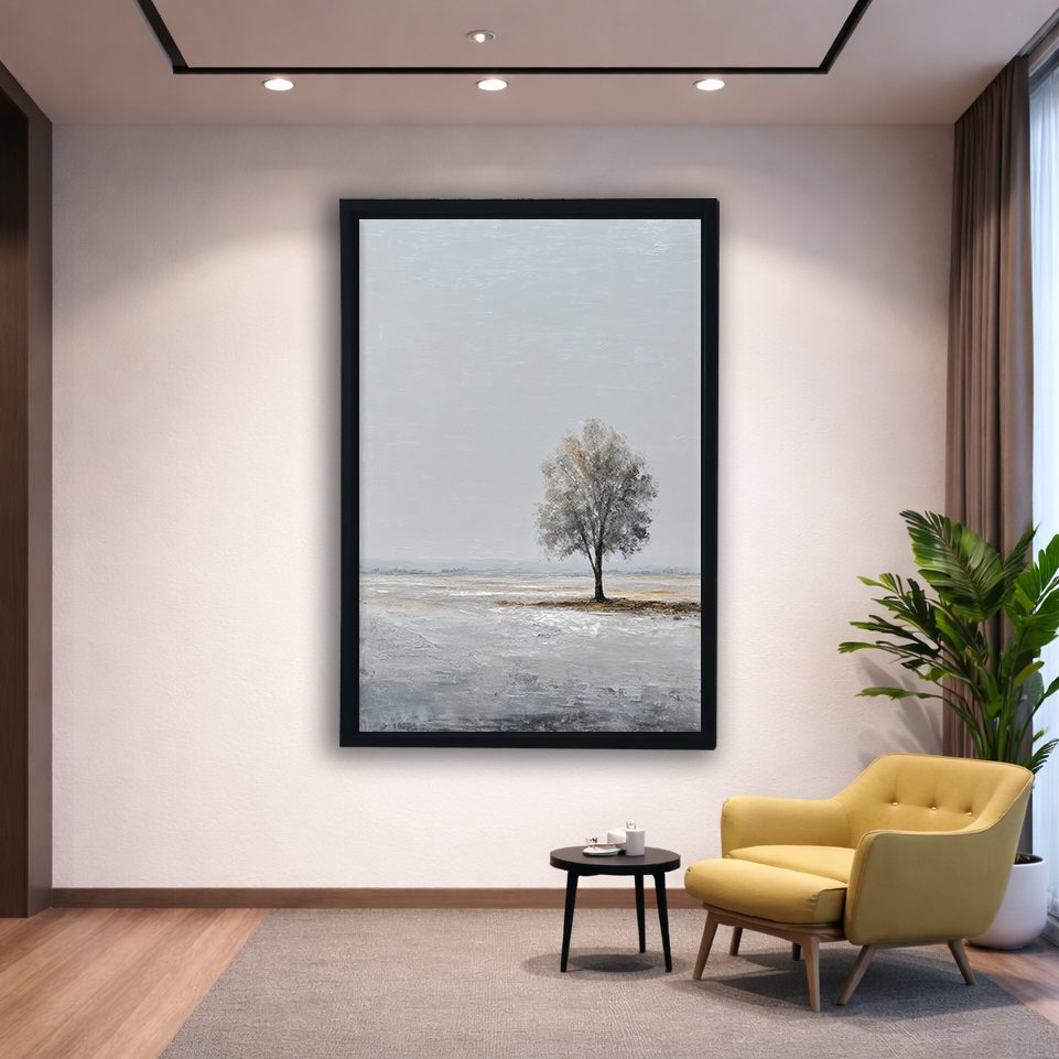 Lone Tree Minimalist Landscape canvas wall art, black floating frame