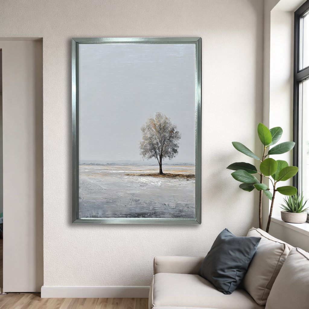 Lone Tree Minimalist Landscape canvas wall art, silver floating frame
