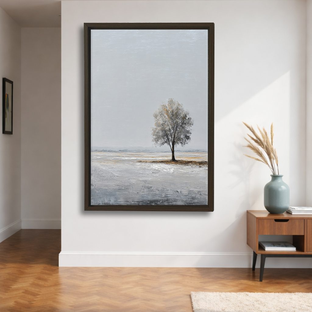 Lone Tree Minimalist Landscape canvas wall art, walnut floating frame