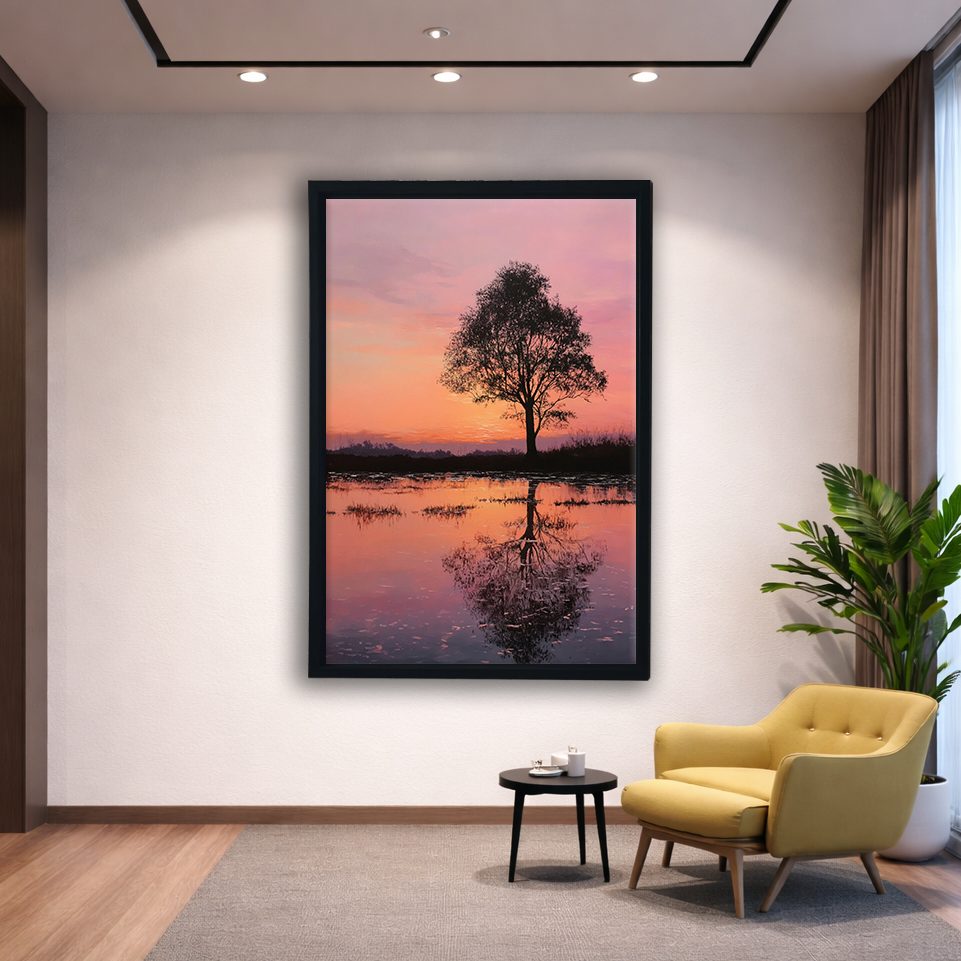 Lone Tree Pink Sunset Reflection canvas wall art, black floating frame