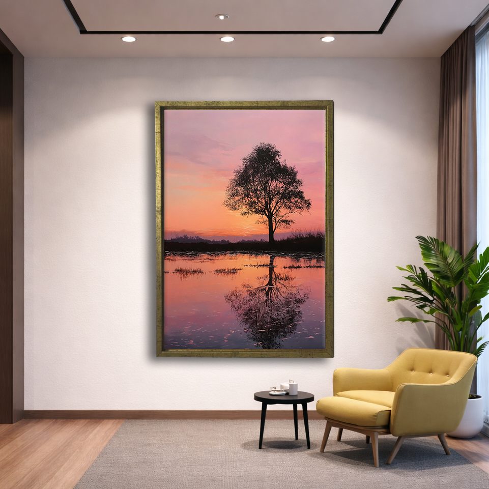 Lone Tree Pink Sunset Reflection canvas wall art, gold floating frame