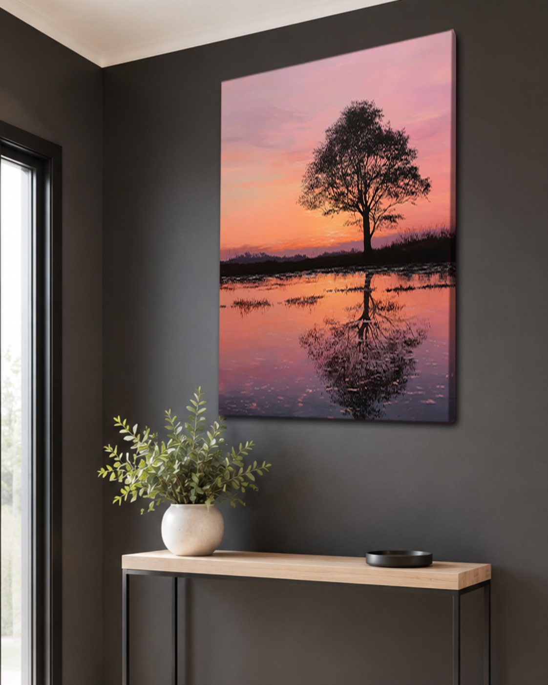 Lone Tree Pink Sunset Reflection canvas wall art, unframed canvas