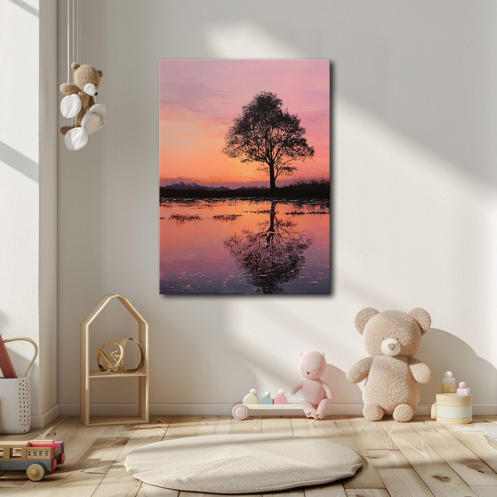 Lone Tree Pink Sunset Reflection canvas wall art, unframed canvas