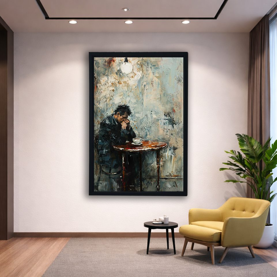 Lonely Man at Cafe Table canvas wall art, black floating frame