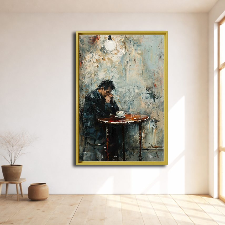 Lonely Man at Cafe Table canvas wall art, natural wood floating frame