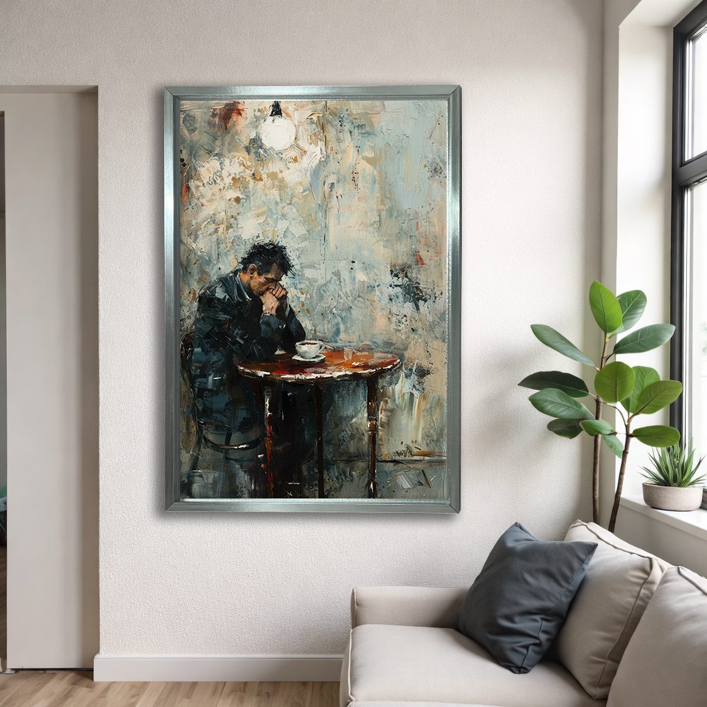 Lonely Man at Cafe Table canvas wall art, silver floating frame