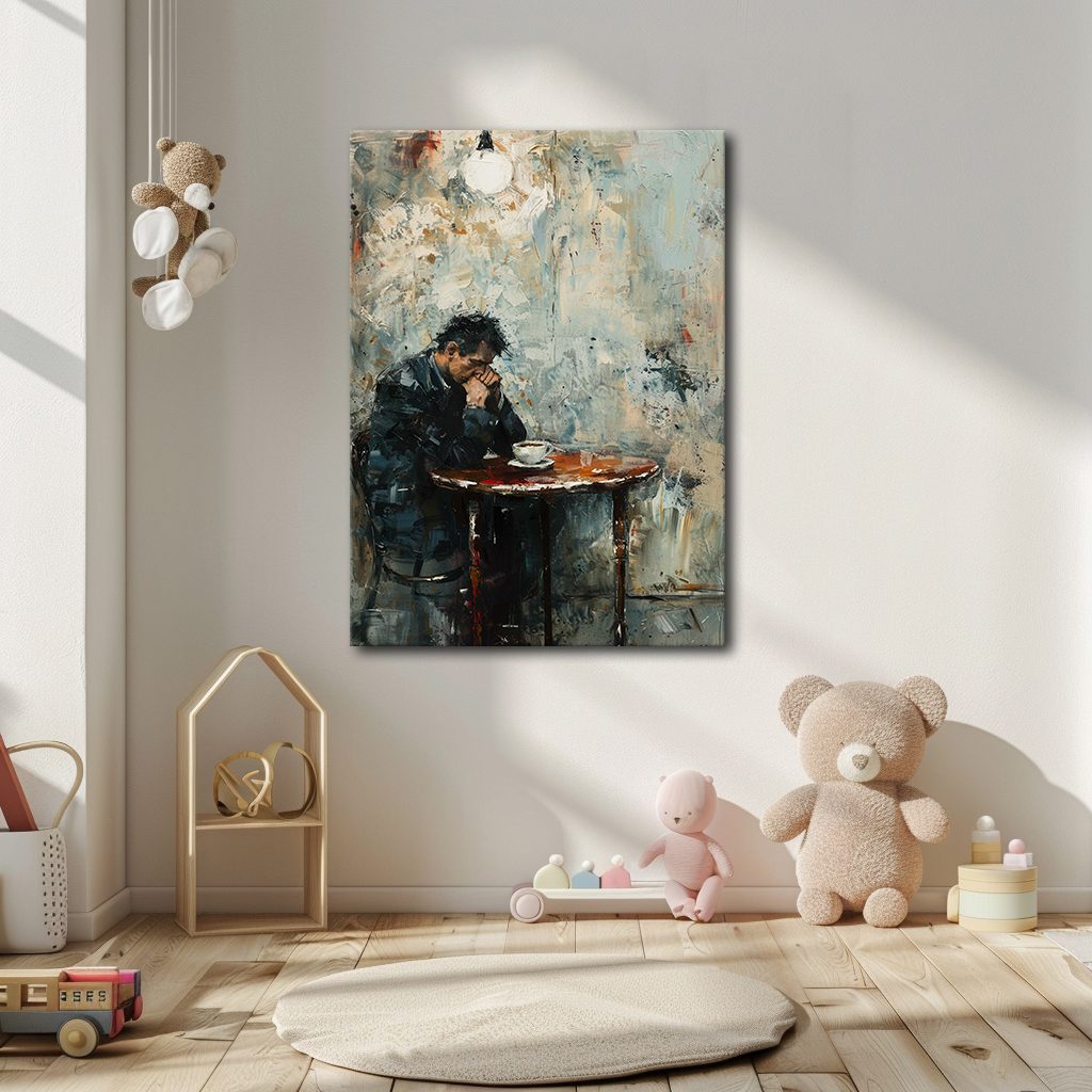 Lonely Man at Cafe Table canvas wall art, unframed canvas