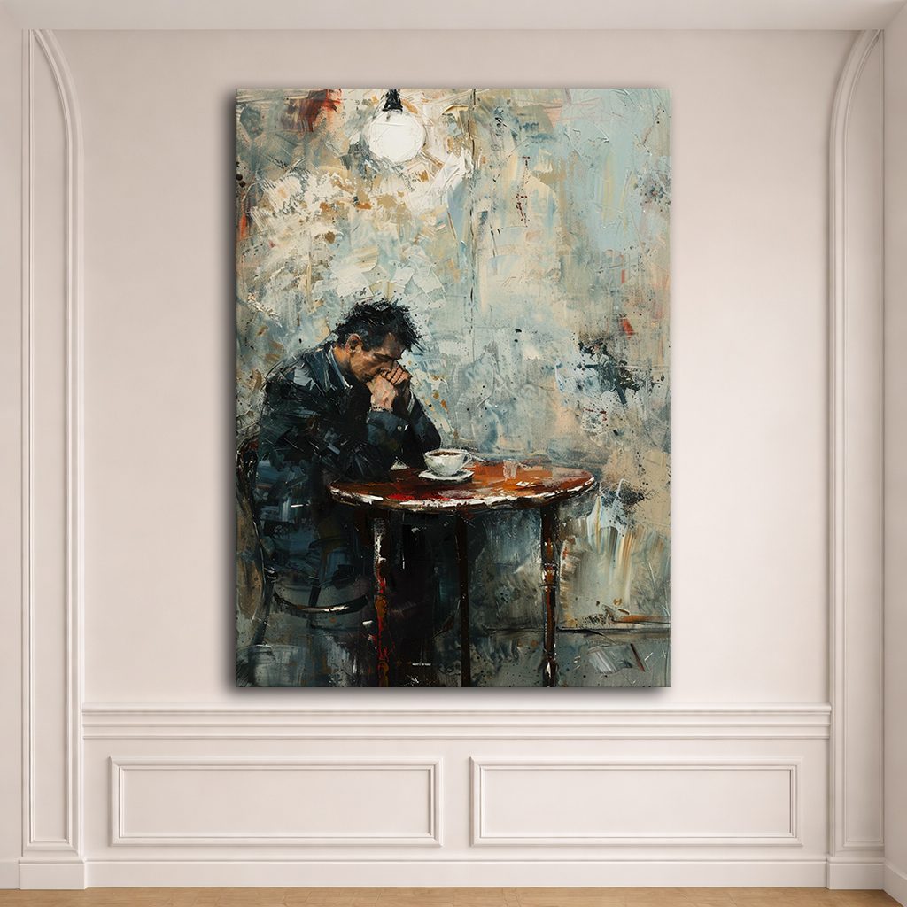 Lonely Man at Cafe Table canvas wall art, unframed canvas