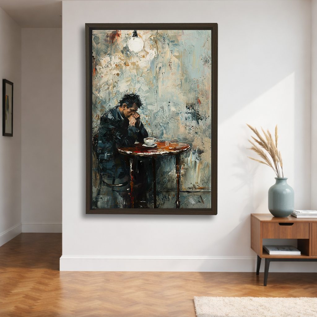 Lonely Man at Cafe Table canvas wall art, walnut floating frame