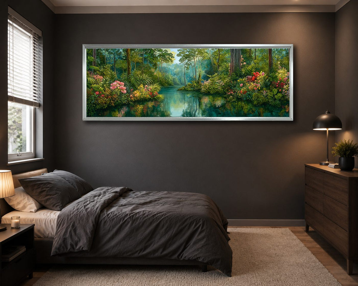 Lush Tropical Jungle River canvas wall art, silver floating frame
