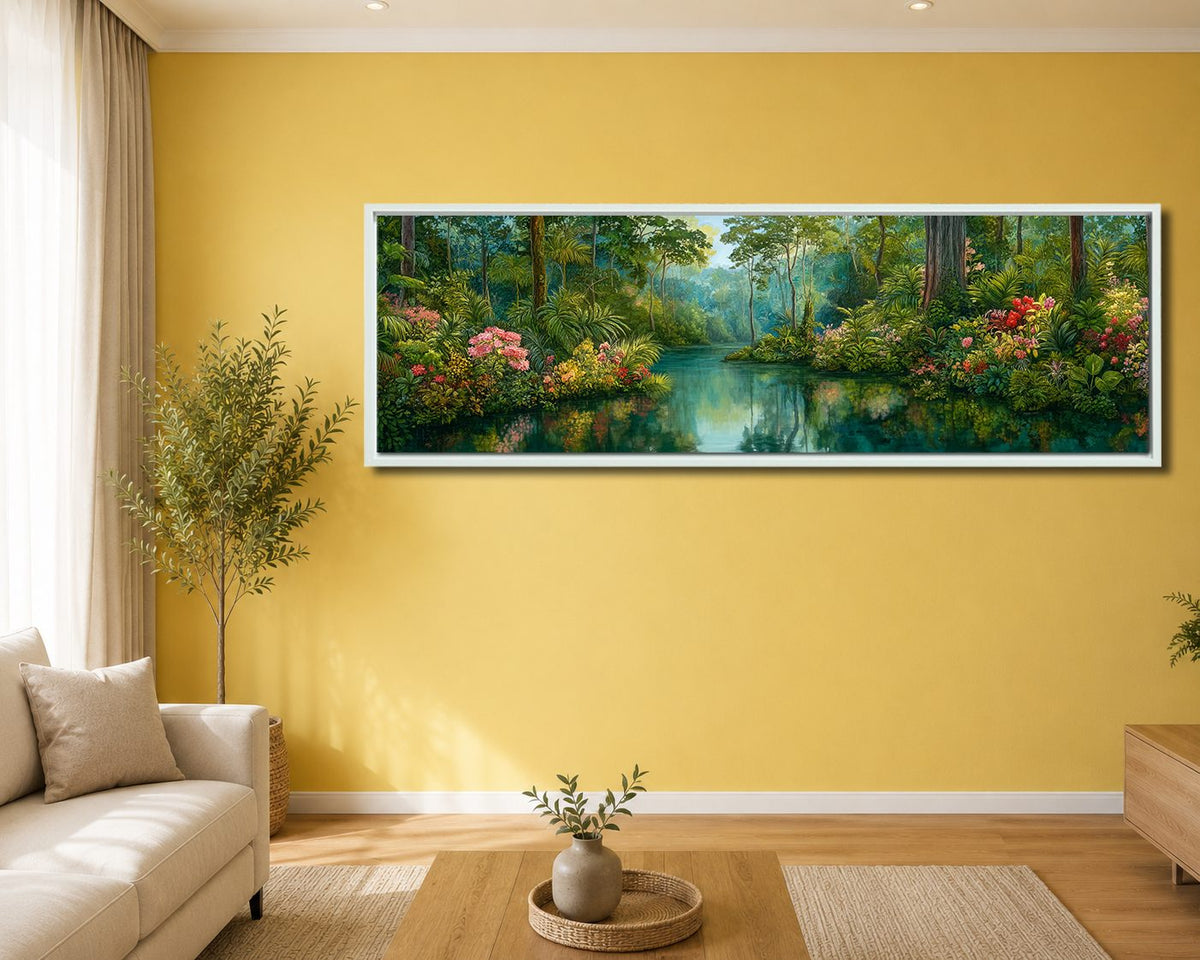 Lush Tropical Jungle River canvas wall art, white floating frame