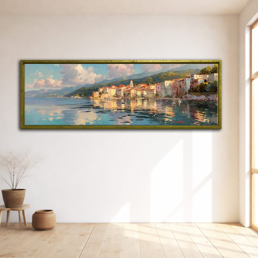 Mediterranean Coastal Village canvas wall art, gold floating frame