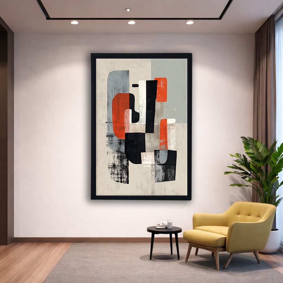 Mid-Century Red Black Abstract Shapes canvas wall art, black floating frame