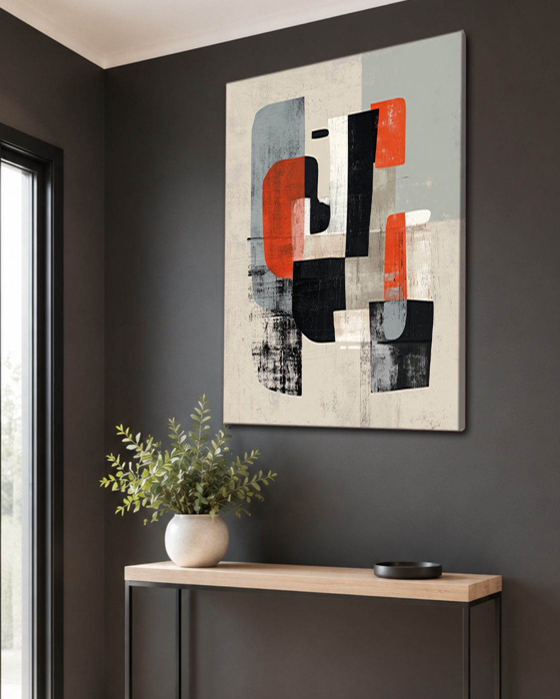 Mid-Century Red Black Abstract Shapes canvas wall art, unframed canvas